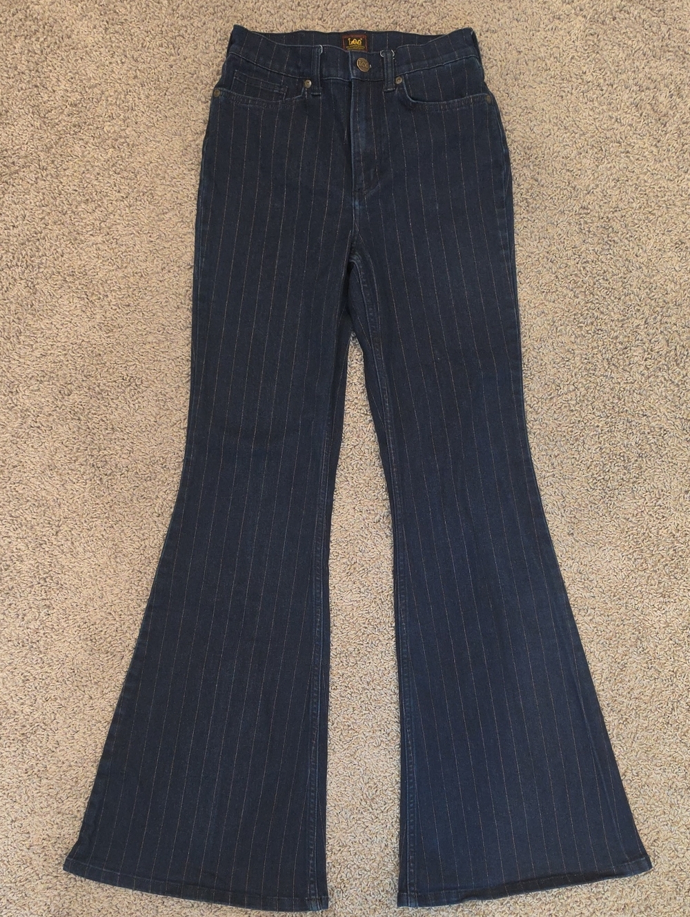 Vintage Lee High Rise Metallic Copper Foil Pinstripe Jeans Mom Blue Denim 27